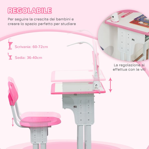 HOMCOM Banco Scuola con Sedia per Bambini 6-12 Anni Altezza Regolabile, Lampada LED, Leggio e Portapenne, Acciaio e MDF, Rosa|Aosom