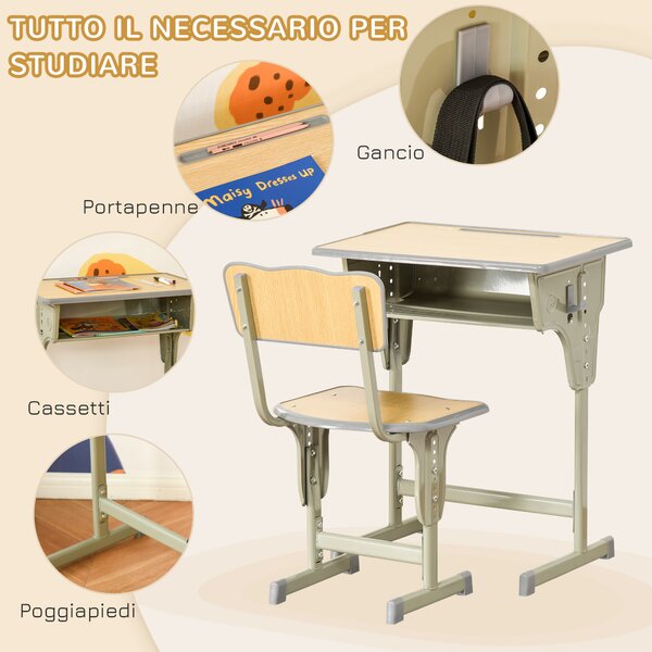 HOMCOM Banco Scuola con Sedia per Bambini 6-12 Anni Altezza Regolabile, Vano Contenitore e Portapenne, Acciaio e MDF, Color Legno|Aosom