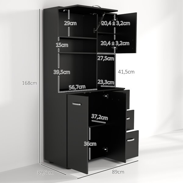 HOMCOM Credenza da cucina multi-rangements 4 ante 3 cassetti ripiano + ampio piano 89L x 39,5l x 168H cm nero