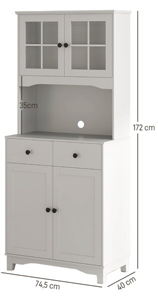 HOMCOM Armadio da cucina indipendente con piano di lavoro per forno a microonde, macchina del caffè, armadi, porte in vetro, Bianco