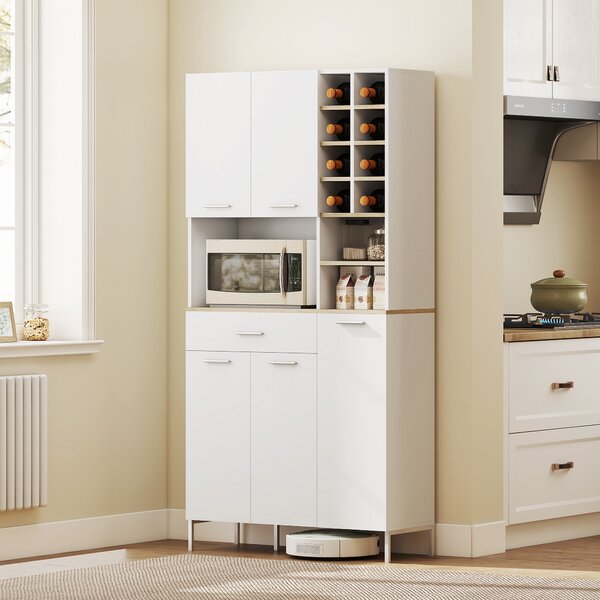 HOMCOM Armadio da cucina con ripiani aperti, scomparti, portabottiglie, armadio dispensa con 5 ante, MDF, Bianco | Aosom Italy