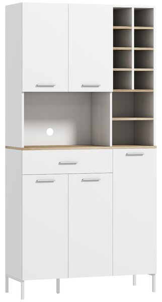 HOMCOM Armadio da cucina con ripiani aperti, scomparti, portabottiglie, armadio dispensa con 5 ante, MDF, Bianco | Aosom Italy