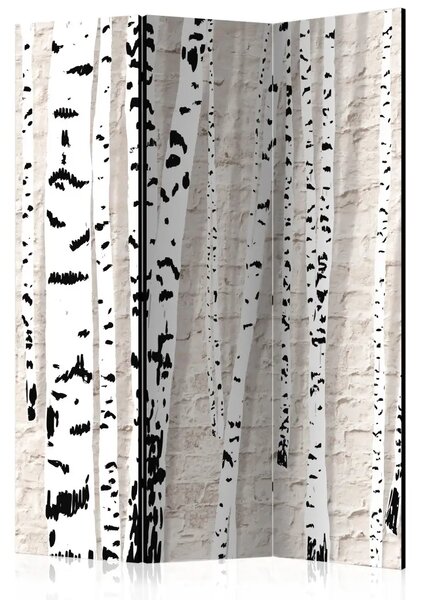 Paravento design Bosco Betulle - alberi della foresta su uno sfondo di mattoni beige chiaro
