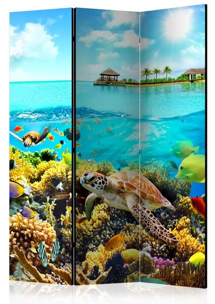 Paravento design Maldive Paradisiache - oceano blu pieno di pesci sullo sfondo di un'isola