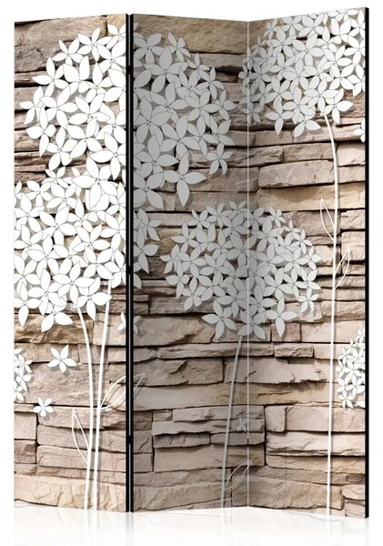 Paravento Fiori Pietra - collage di fiori bianchi su uno sfondo di mattoni