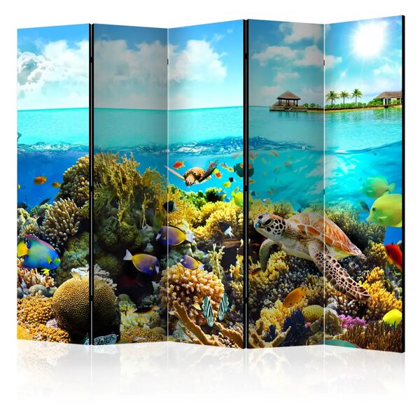 Paravento Maldive Paradisiache II - pesci colorati e tartarughe sullo sfondo dell'oceano