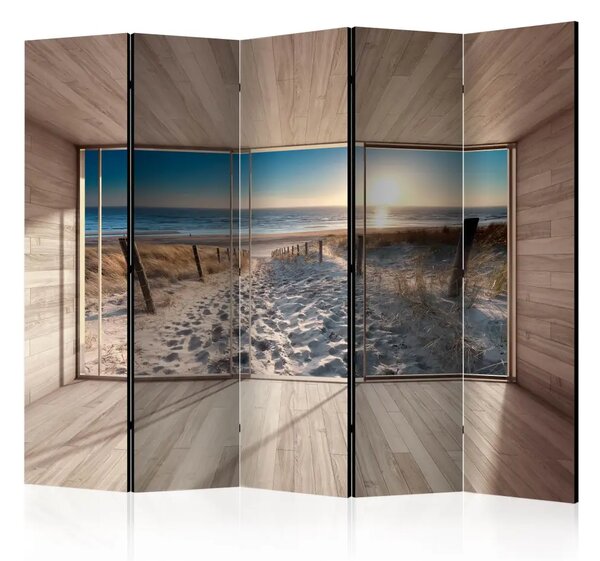 Paravento separè Modern Lounge: Mare II - vista della spiaggia da una finestra