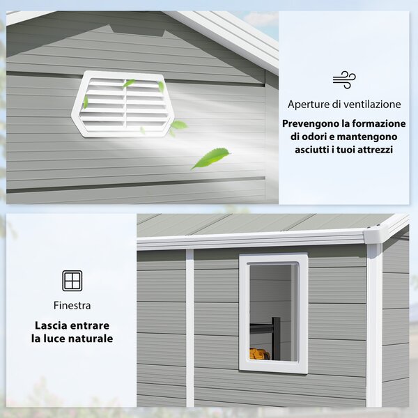 Outsunny Casetta da giardino con tetto a due falde, Capanno per attrezzi, 240 x 190 x 180/228 cm e 4,1 m², Grigio | Aosom Italy