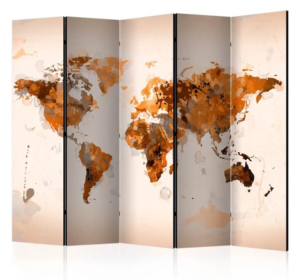 Paravento design World in Browns II - una calda mappa del mondo ad acquerello