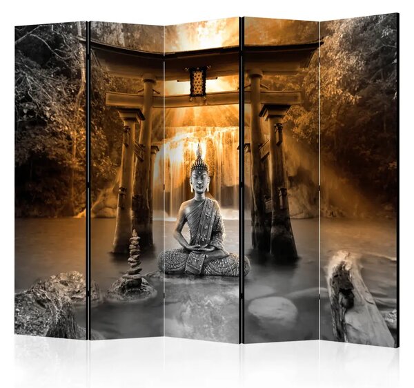 Paravento design Sorriso di Buddha arancione II - paesaggio in stile zen