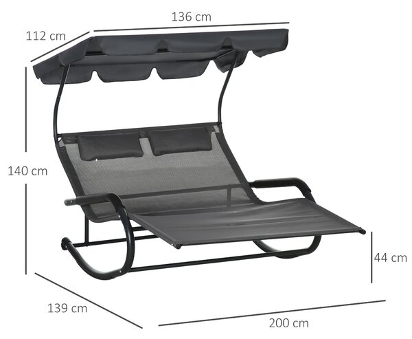 Outsunny Lettino Prendisole Doppio per 2 Persone, con Cuscini e Tettuccio Inclusi, 200 cm x 139 cm x 140 cm, Grigio Scuro | Aosom Italy