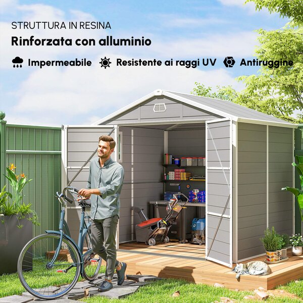 Outsunny Casetta da giardino con tetto a due falde, Capanno per attrezzi, 240 x 190 x 180/228 cm e 4,1 m², Grigio | Aosom Italy