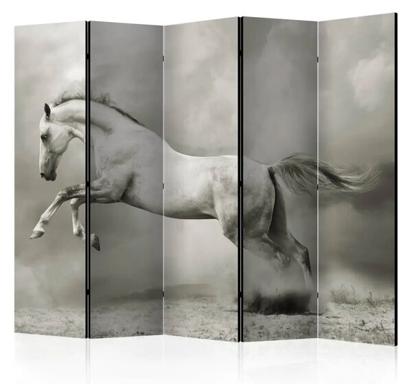 Paravento design Cavallo Selvaggio II - cavallo bianco, fumo sfondo