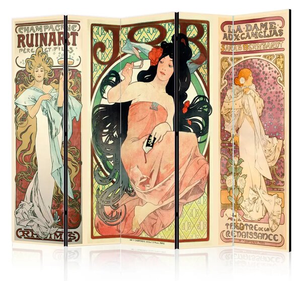 Paravento design Alphonse Mucha: Donne II - modello colorato con scritte