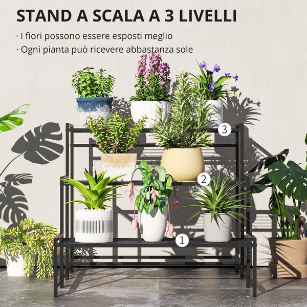 Outsunny Scaffale a Tre Livelli per Piante, Supporto per vasi con Struttura Metallica Resistente per Interno ed Esterno, nero | Aosom Italy