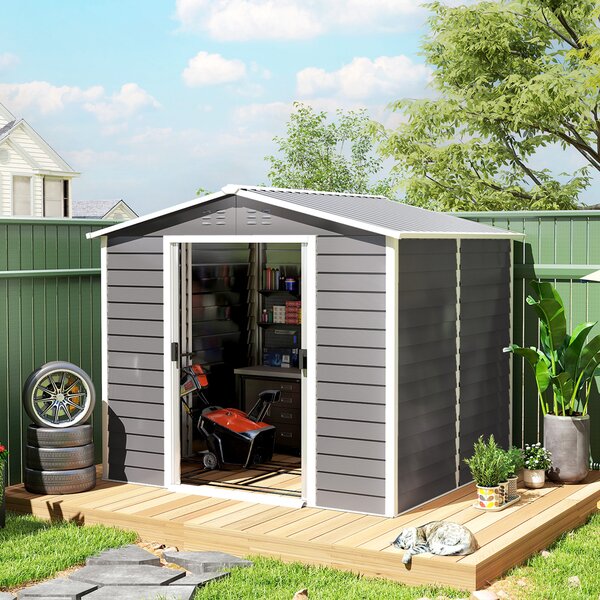 Outsunny Casetta da Giardino con Porte doppie bloccabili, Capanno per attrezzi in metallo, 2,40 x 2,06 x 1,98 m, Grigio chiaro | Aosom Italy