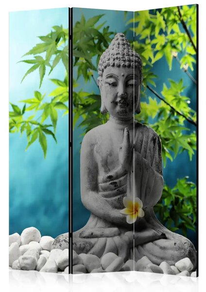 Paravento design Buddha: Bellezza Meditazione - figura di pietra su sfondo di alberi