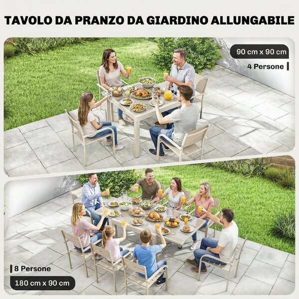 Outsunny Tavolo Estensibile in Alluminio per Esterni, Piano in Vetro Temperato, Bianco Crema. | Aosom Italy