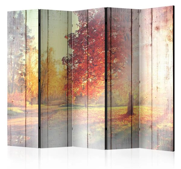 Paravento design Sole autunnale II - paesaggio alberato su sfondo di legno