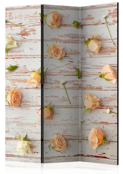 Paravento design Legno e rose - composizione con fiori, lavagne