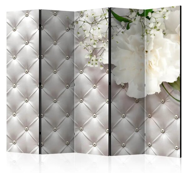 Paravento Pearl Luxury II - motivo trapuntato rosa e fiori bianchi