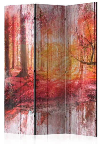 Paravento Foresta autunnale - paesaggio rosso tra gli alberi su uno sfondo di assi