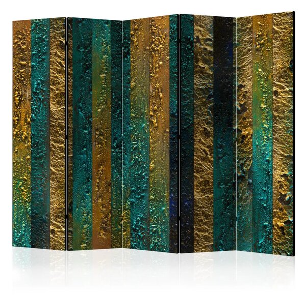 Paravento Tesori di Atlantide II - texture astratta blu e oro a strisce