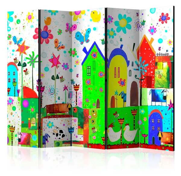 Paravento design Happy Farm II: architettura colorata con fiori e animali