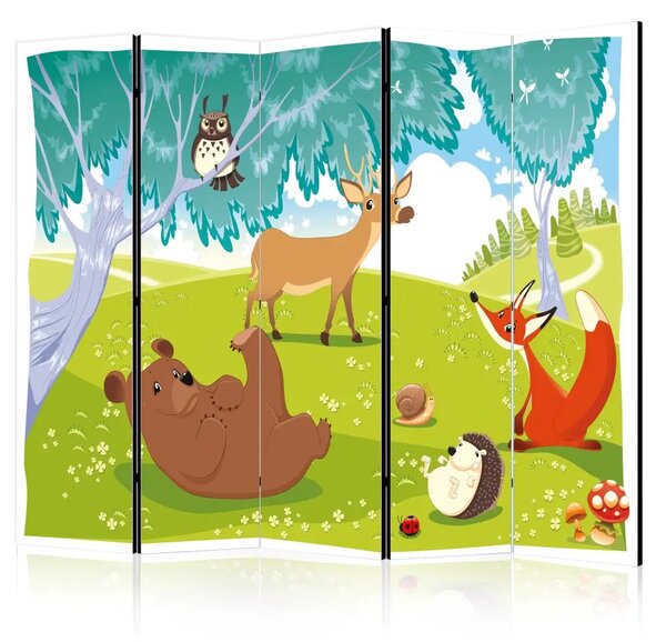 Paravento design Animali allegri II - animali colorati e albero in prato
