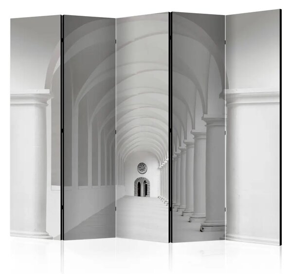 Paravento Volo del Colibrì II - architettura a tunnel grigio con colonne e porte