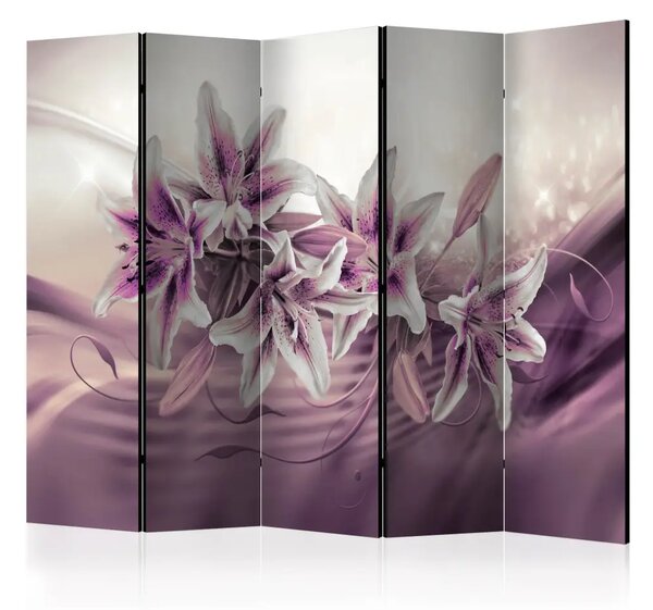 Paravento design Purple Discretion II - un romantico bouquet di fiori di giglio viola