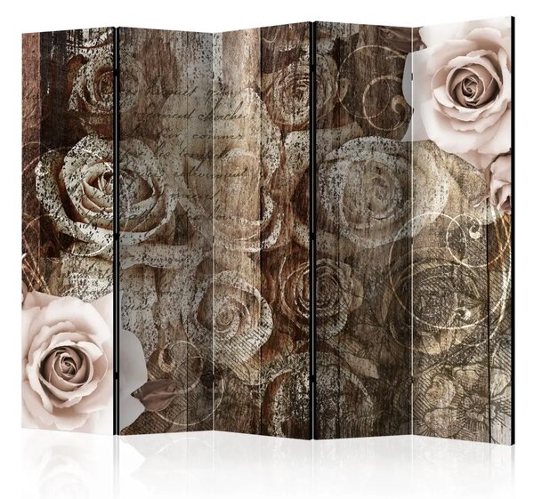 Paravento design Legno vecchio e rose II - fiori e iscrizioni marroni