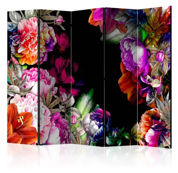 Paravento design Toni caldi dell'estate II - bouquet colorato su sfondo nero