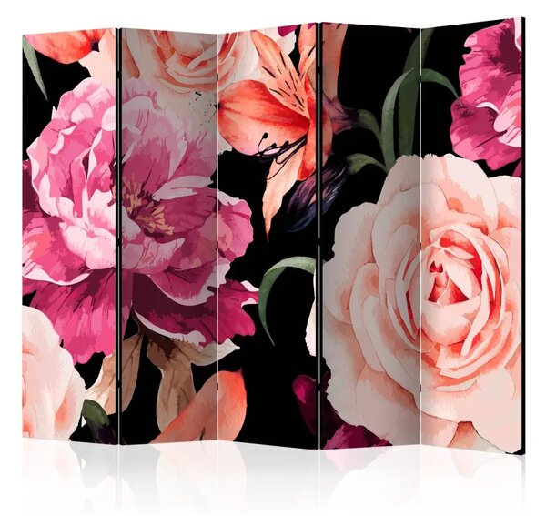Paravento separè Roses of Love II: romantici fiori rosa su sfondo nero a tinta unita