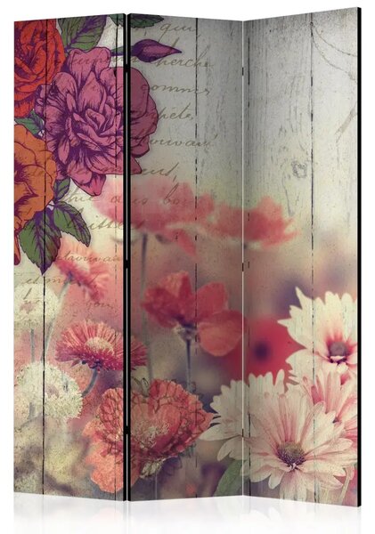 Paravento separè Fiori vintage - fiori su fondo in legno con iscrizioni in stile retrò
