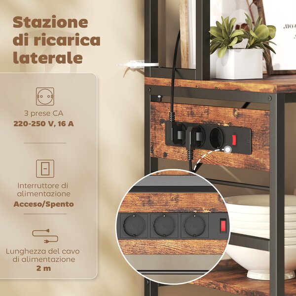 HOMCOM Scaffale da Cucina con Stazione di Ricarica, 5 Ripiani e 10 Ganci a S, in Legno e Acciaio, 80x40x170 cm, Marrone | Aosom Italy