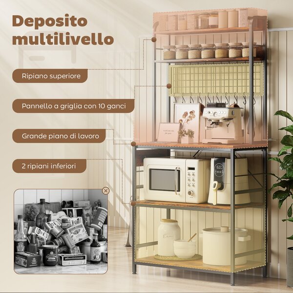 HOMCOM Scaffale da Cucina con Stazione di Ricarica, 5 Ripiani e 10 Ganci a S, in Legno e Acciaio, 80x40x170 cm, Marrone | Aosom Italy