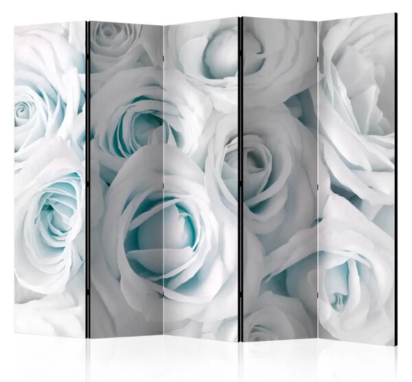 Paravento separè Rosa satinata turchese II - fiori bianchi con dettaglio azzurro