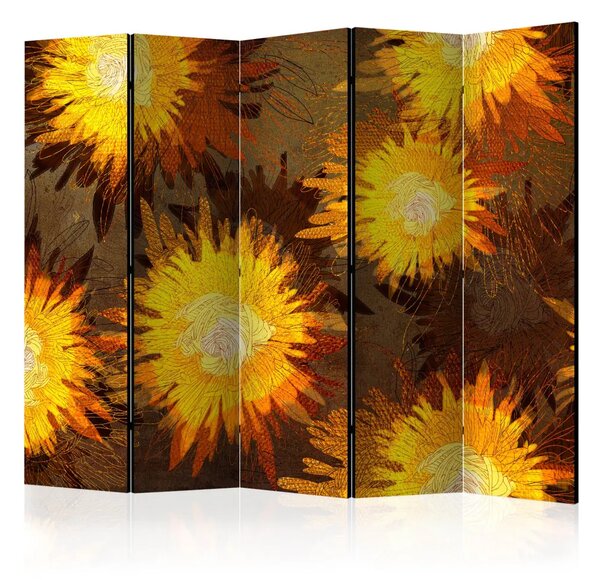 Paravento separè Danza dei girasoli II - fiori di girasole su uno sfondo contrastante