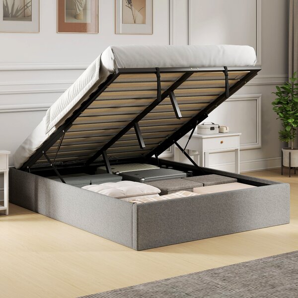 Letto Contenitore Matrimoniale 190x140 cm Doghe in Legno Pistone a Gas e Rivestimento in Tessuto Grigio