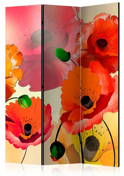 Paravento design Papaveri di velluto: un mazzo di fiori rossi e gialli su sfondo chiaro