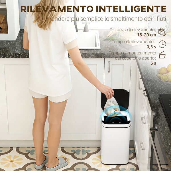 HOMCOM Bidone per Immondizia da 13L con Sensore e Spazio per Deodoranti, in Acciaio e PP, 24x24x41 cm, Bianco e Nero | Aosom Italy