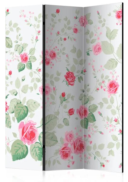 Paravento design Piaceri Rosa - romantici fiori rosa con foglie su sfondo chiaro