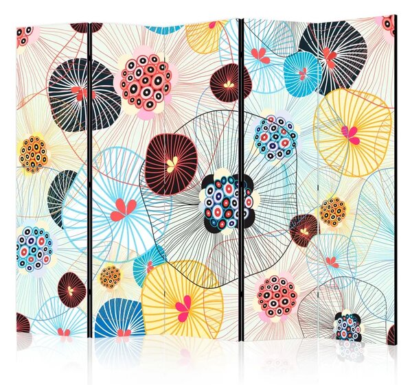 Paravento design Soffio d'Estate II - linee e cerchi colorati tra motivi astratti
