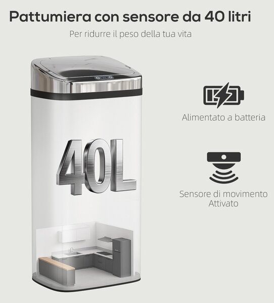 HOMCOM Bidone per Rifiuti da 40L con Sensore per Apertura e Chiusura Automatica, 33x25x70 cm, Argento | Aosom Italy