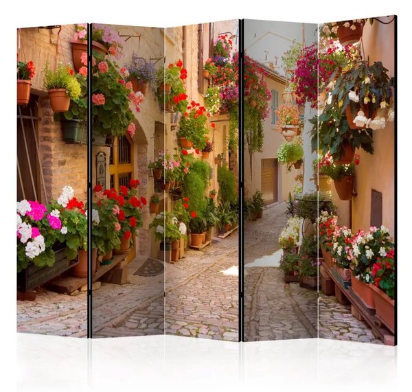 Paravento design Vicolo a Spello (Italia) II - Strada con case di mattoni e fiori