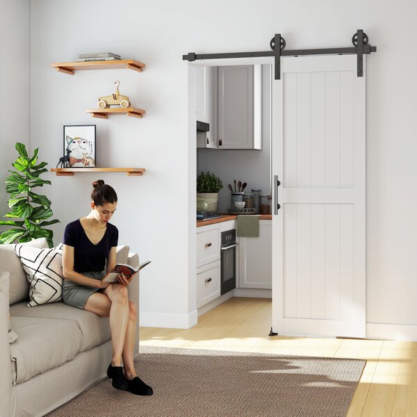 HOMCOM Porta Scorrevole in Stile Country con Binario e Maniglia in Legno e Acciaio, 71.5x213.4 cm, Bianco e Nero | Aosom Italy