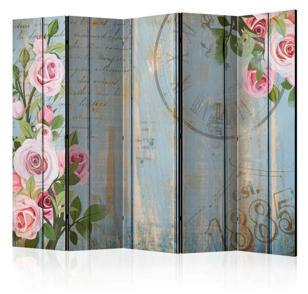 Paravento separè Giardino Vintage II - Fiori rosa su tavole di legno con scritte