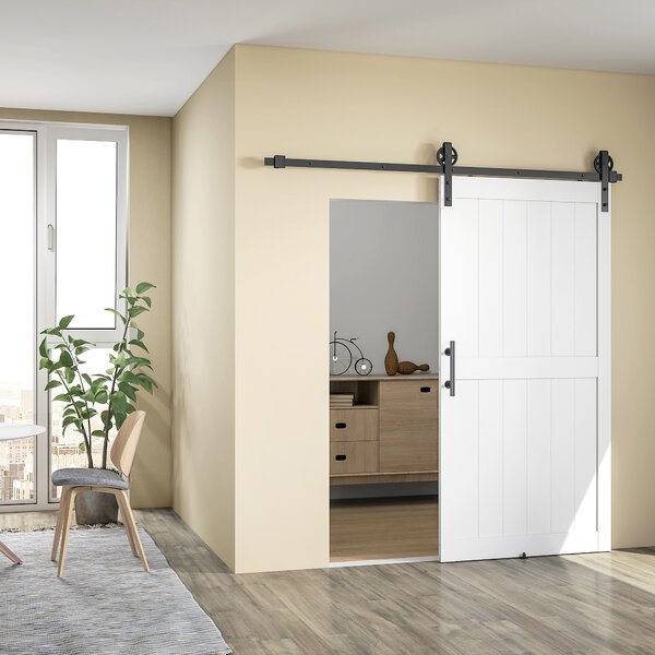 Porta Scorrevole in Stile Country 106,6x213,4 cm con Binario e Maniglia in Legno e Acciaio Bianco e Nero
