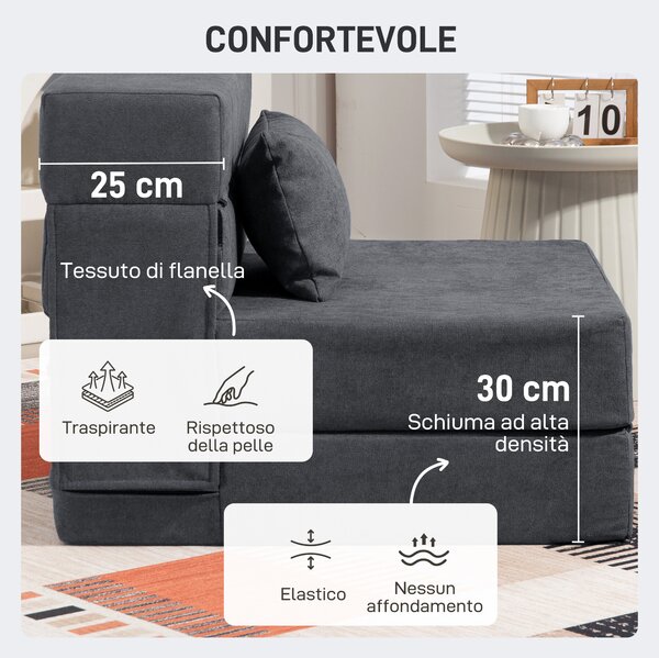 HOMCOM Poltrona Letto Convertibile con cuscino in Chaise Longue e Materasso, 80x80x64 cm, Grigio Scuro | Aosom Italy